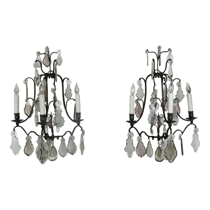 Pair of French 3-Light Crystal Sconces