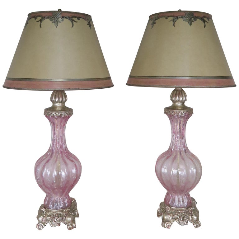 Pair of Italian Pink Murano Glass Lamps with Parchment Shades