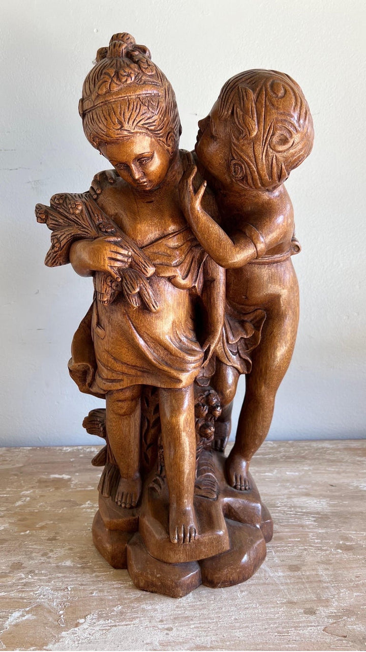 French Walnut Carved Figuritive Sculpture of Boy & Girl