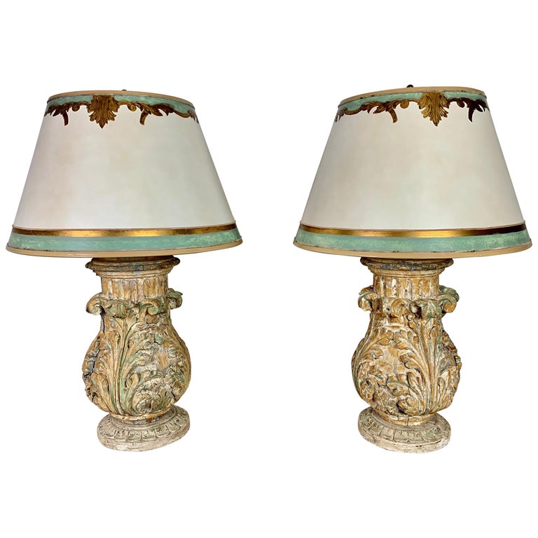 Pair of Custom Italian Acanthus Leaf Lamps. w/ Parchment  Shades