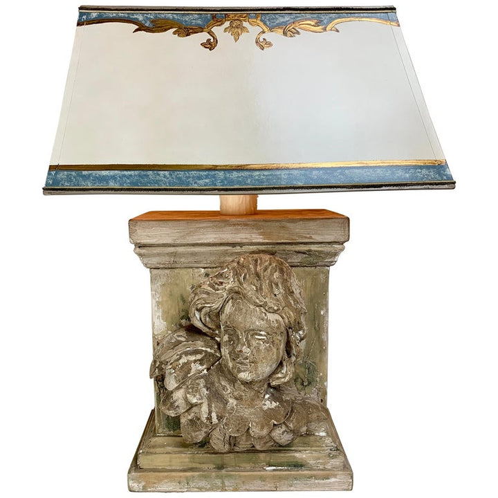 19th C. Carved Cherub Face Lamp w/ Custom Parchment Shade