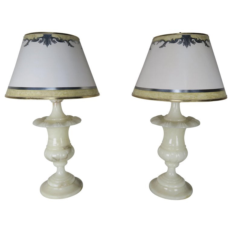 Cream Alabaster Urn Shaped Lamps with Hand Painted Parchment Shades, Pair