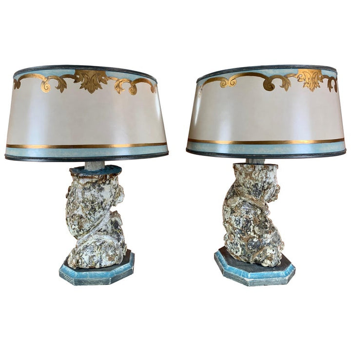 Pair of Italian Painted Column Lamps with Parchment Shades