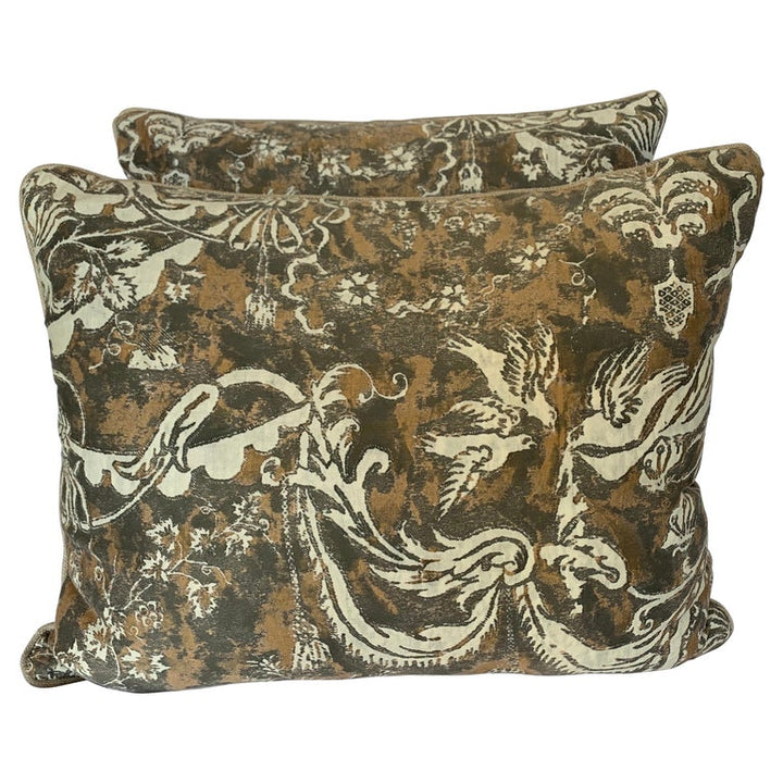 Pair of Unique Fortuny Pillows w/ garland and birds