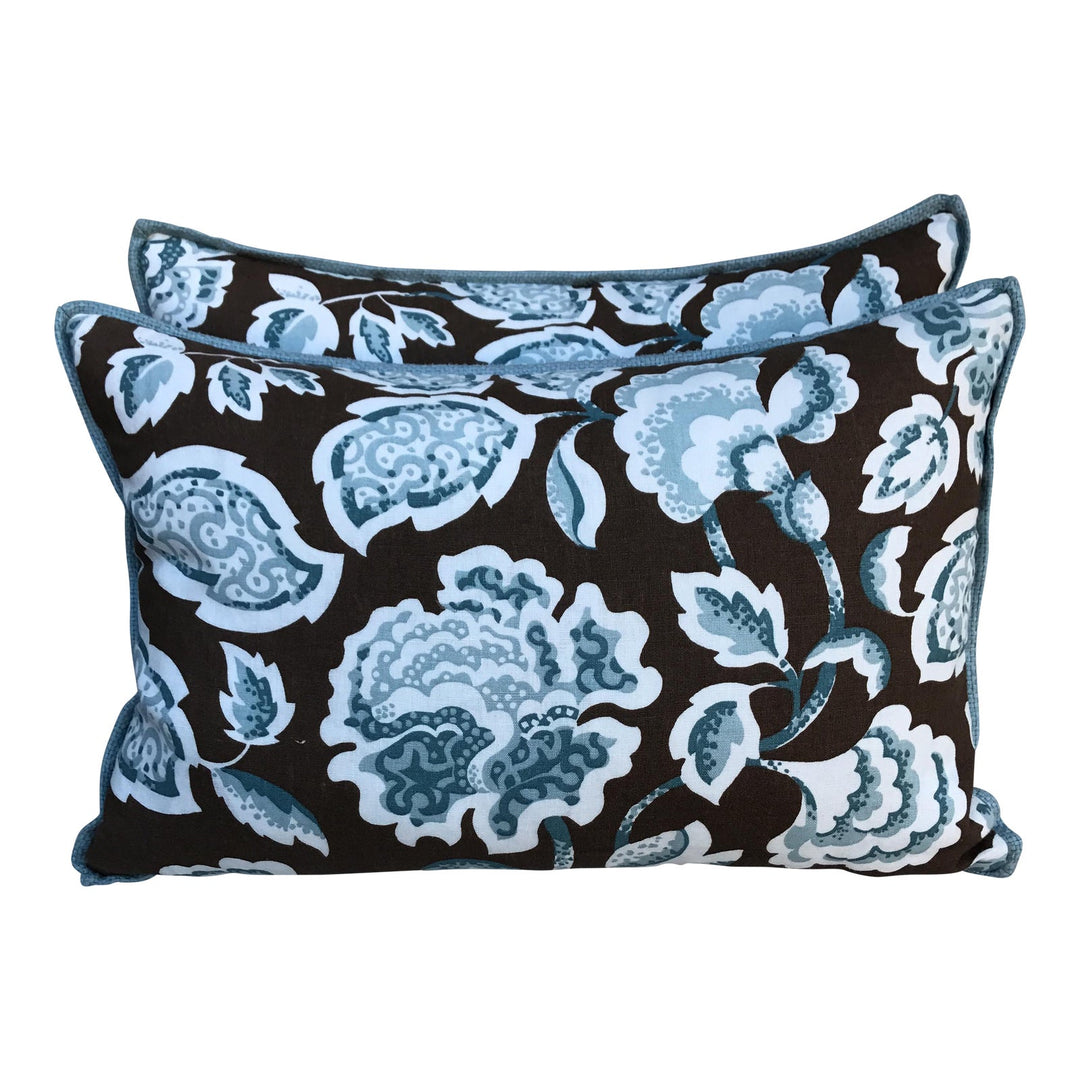 Brown & Blue Foral Pillows - a Pair