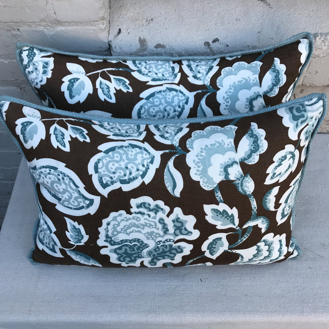 Brown & Blue Foral Pillows - a Pair