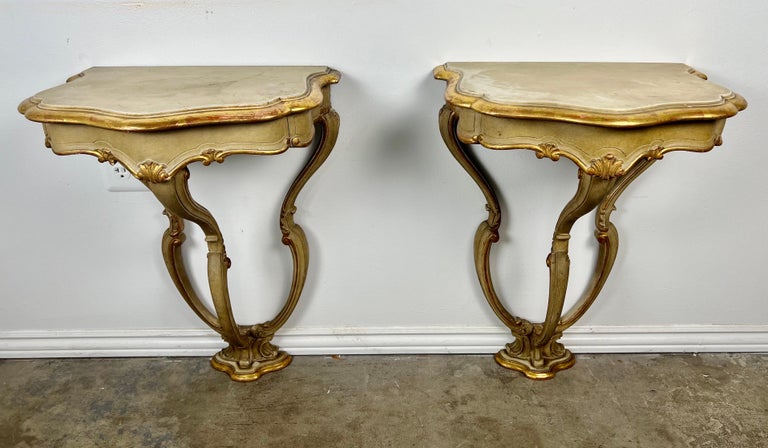 Pair of Italian Painted & Parcel Gilt Consoles w/ Drawers