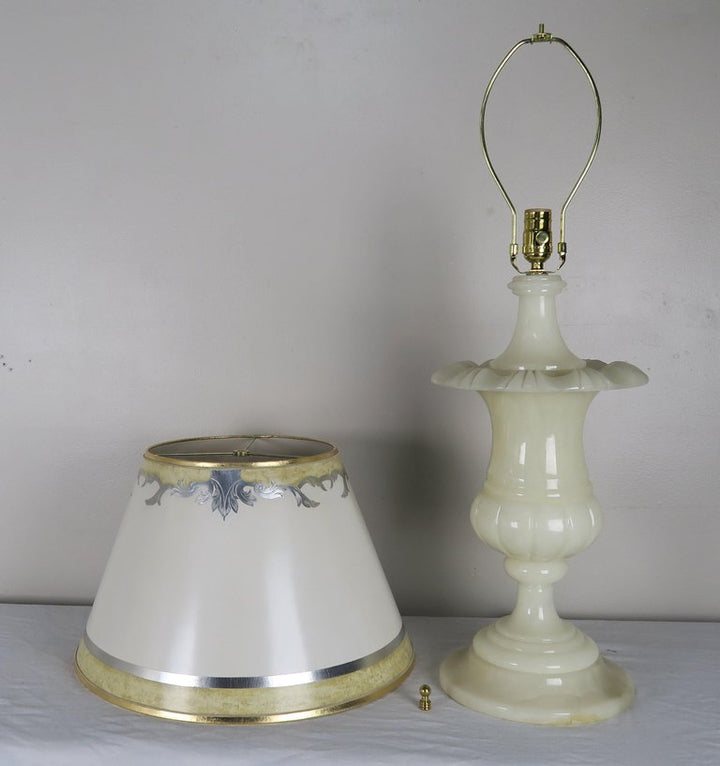 Cream Alabaster Urn Shaped Lamps with Hand Painted Parchment Shades, Pair