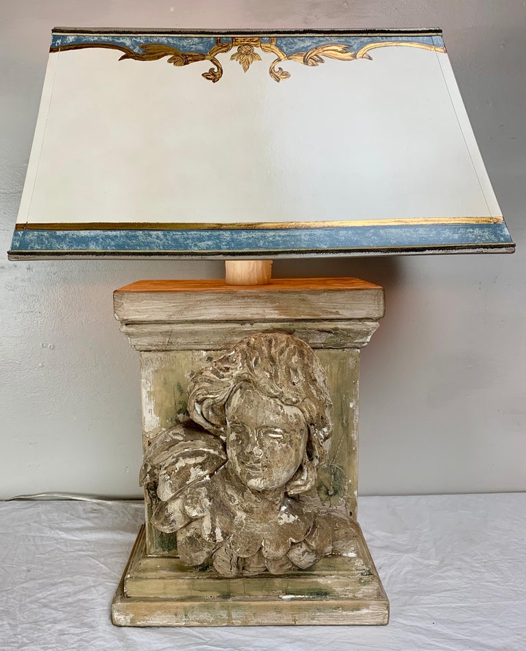 19th C. Carved Cherub Face Lamp w/ Custom Parchment Shade