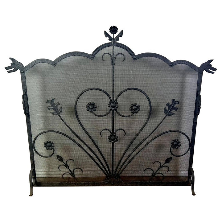 Wrought Iron Fireplace Screen w/ Cast Handles