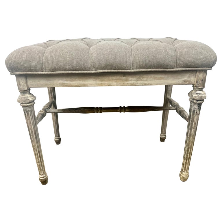 French Louis XVI Style Painted Bench w/ Belgium Linen