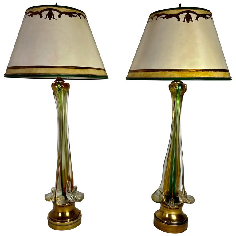 20th Century Italian Art Glass Lamps with Parchment Shades, Pair