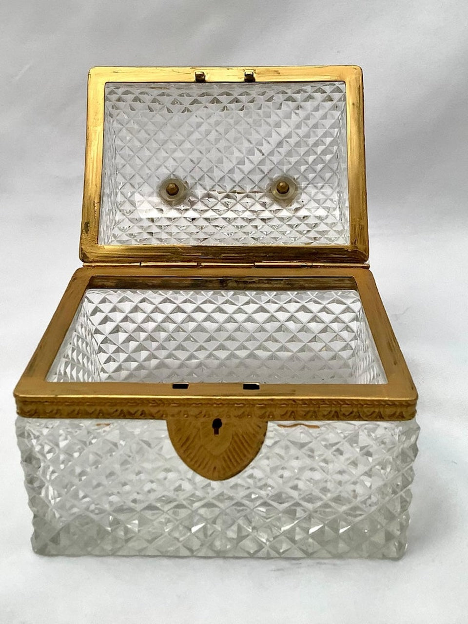 Cut Crystal French Decorative Box W/ Handle & Keyhole