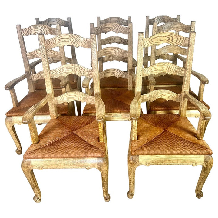 Set of Eight French Country Ladder Back Dining Chairs/ Rush Seats