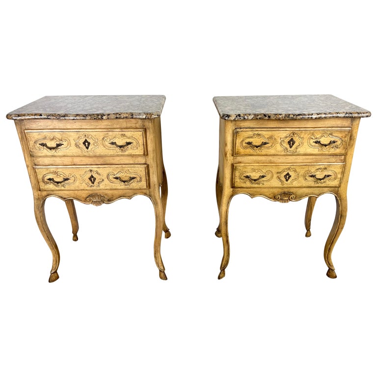 Pair of French End Table w/ Drawers and Granite Tops C. 1930's