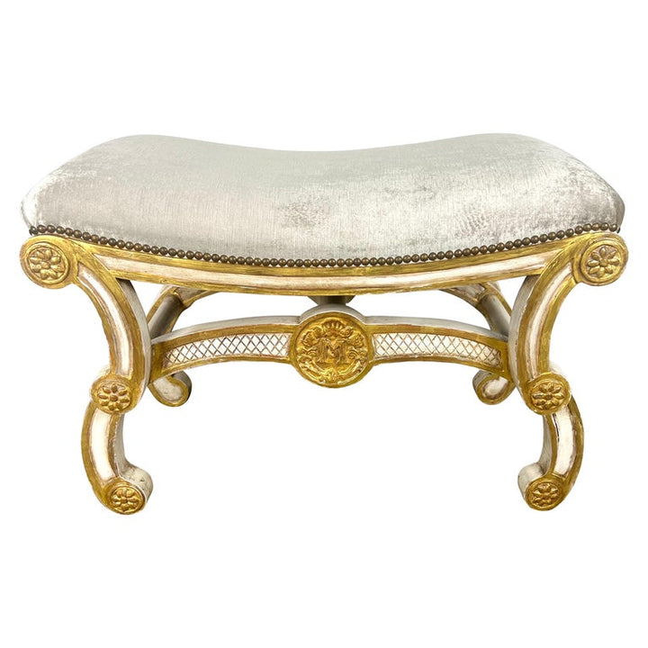 Italian Style Painted & Parcel Gilt Bench w/ Velvet