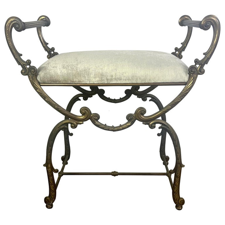 Brass Scrolled Velvet Upholstered Vanity Bench