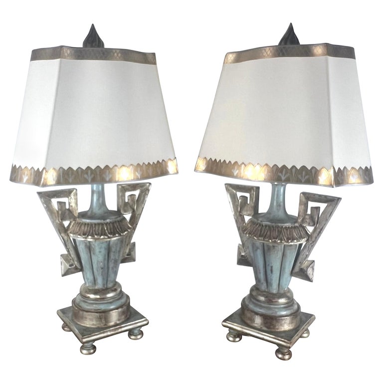 Pair of Painted & Parcel Gilt Urn Lamps w/ Parchment Shades