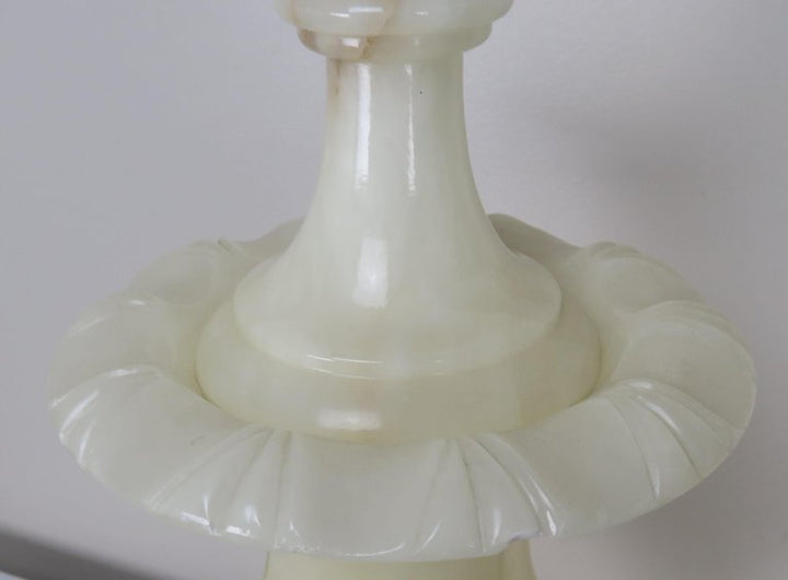 Cream Alabaster Urn Shaped Lamps with Hand Painted Parchment Shades, Pair