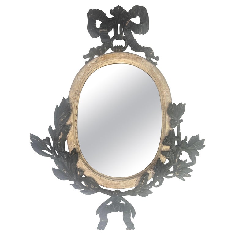 French Painted Oval Shaped Mirror w/ Ribbon & Leaves C. 1900