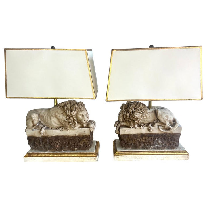 Pair of Italian Carved Stone Lion Lamps with Parchment Shades