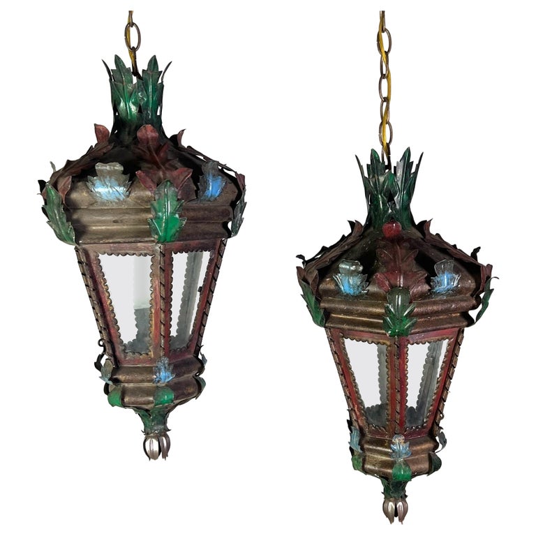 Pair of Spanish Revival Painted Lanterns C. 1940's