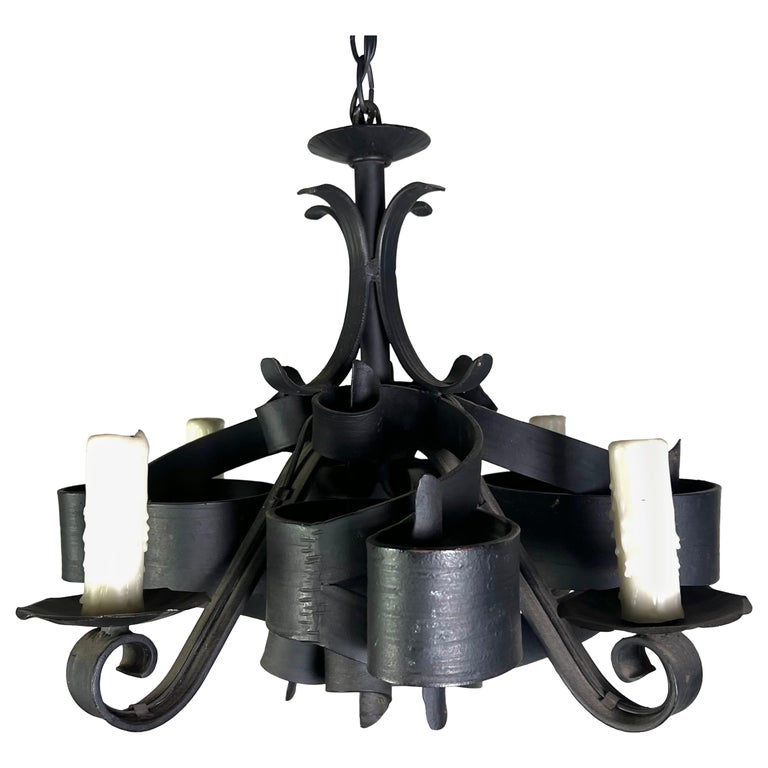 Spanish Gothic Style Hand Wrought Iron Chandelier C. 1940's