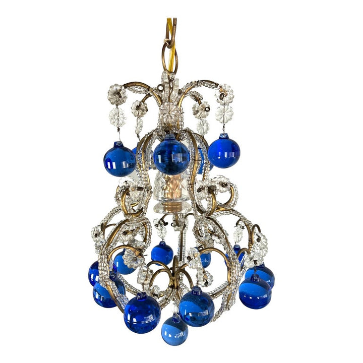 French Crystal Beaded Chandelier w/ Cobalt Drops C. 1920