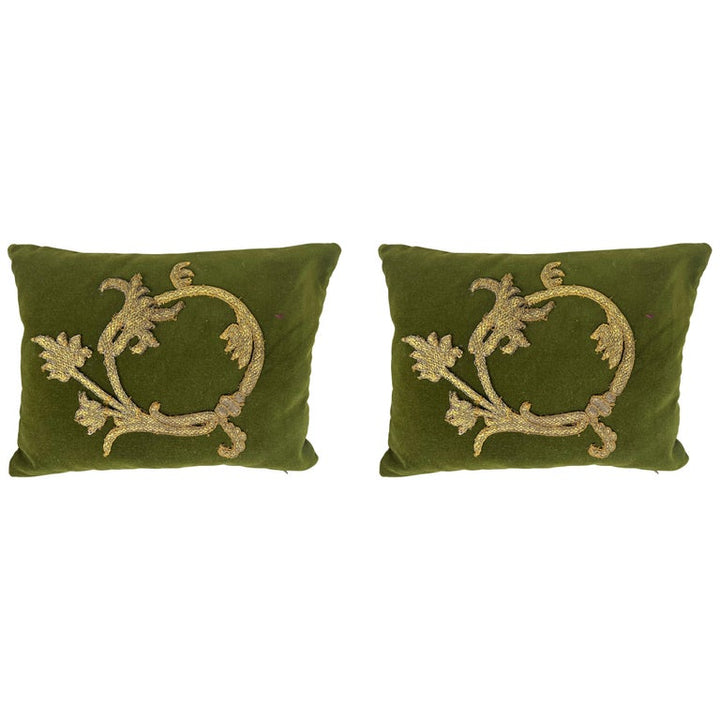 Pair of Metallic Applique Olive Green Pillows by MLA