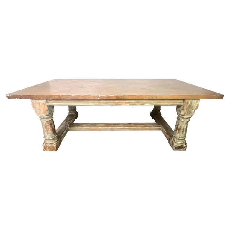 Rustic Painted Dining Table w/ Herringbone Pattern Top