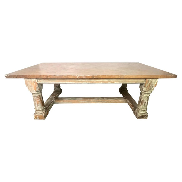 Rustic Painted Dining Table w/ Herringbone Pattern Top