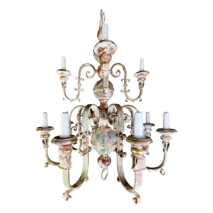 Ten Light Spanish Wrought Iron & Wood Painted Chandelier