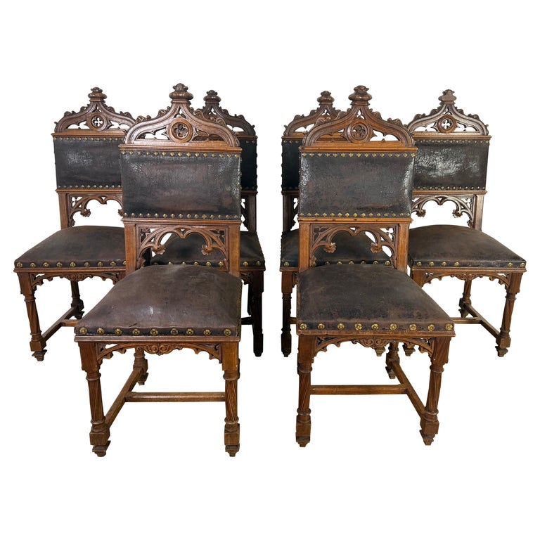 Set of Six 19th C. Gothic-Style Leather Dining Chairs