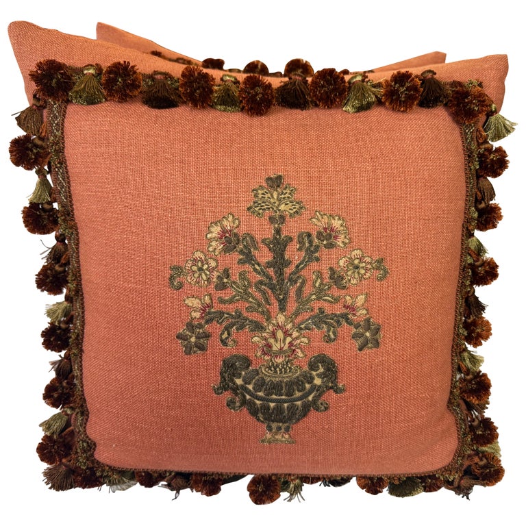 Pair of 19th C. Metallic & Chenille Appliqued Pillows