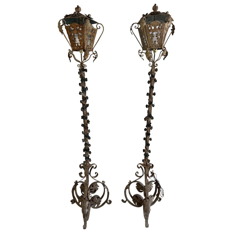 Pair of French Wrought Iron Standing Lanterns