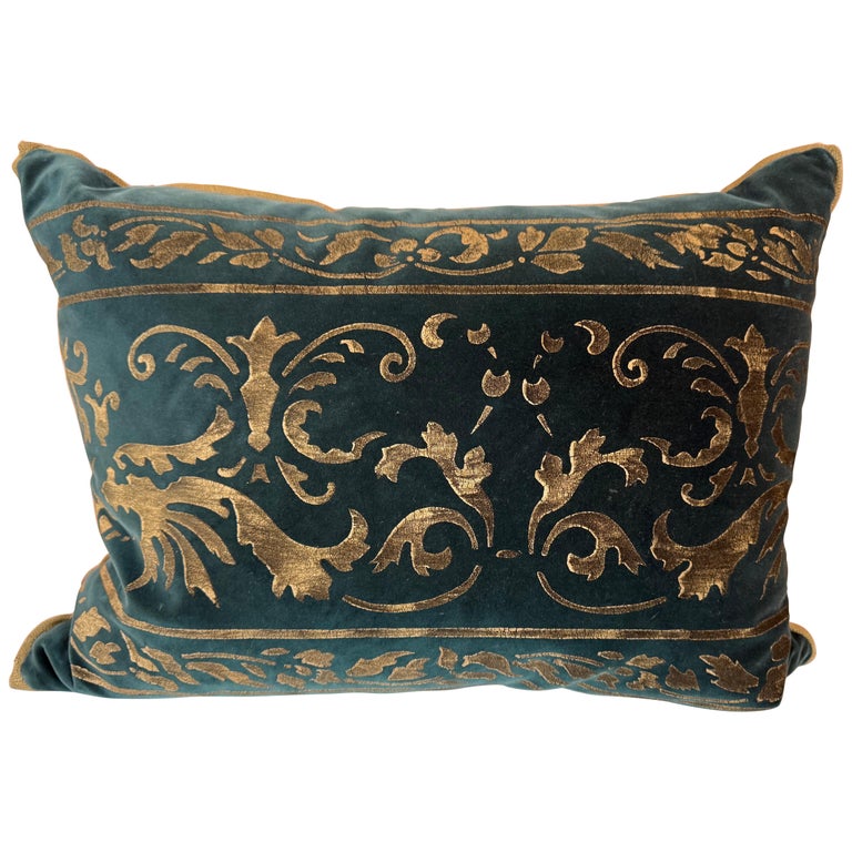 Gold Stenciled Green Velvet Pillow