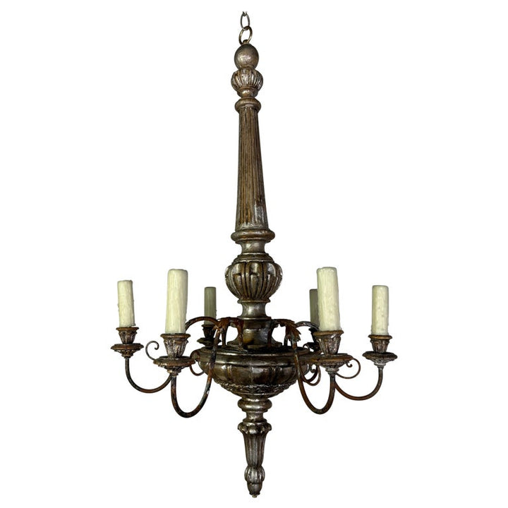 Italian Silvered Wood and Iron Six-Light Chandelier