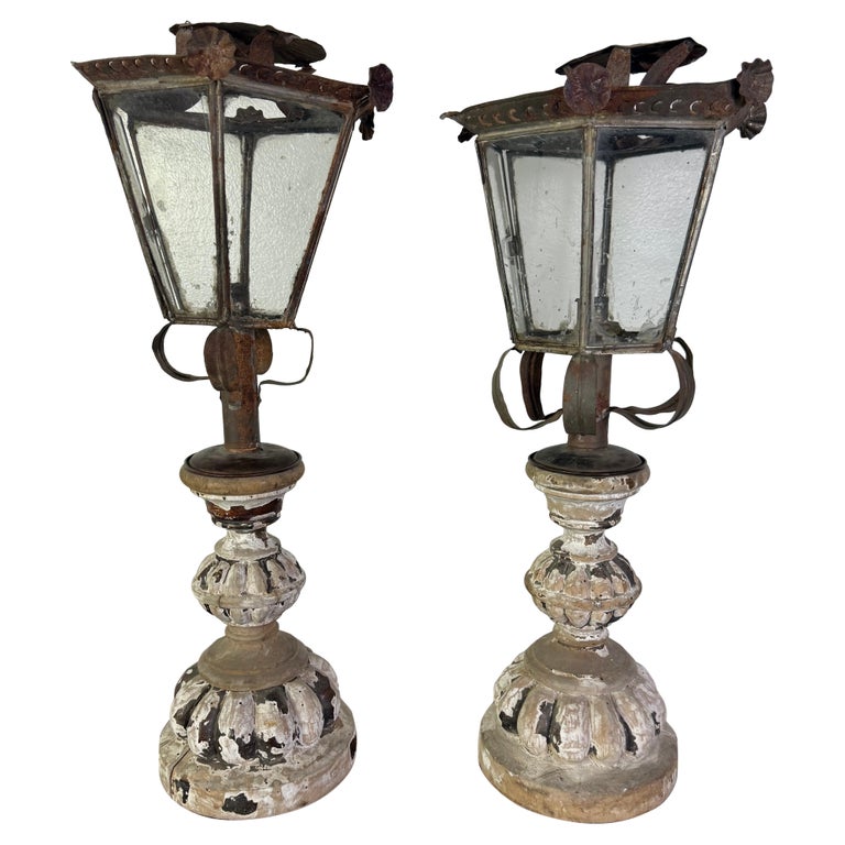 Pair of 19th Century Italian Lanterns with Carved and Painted Bases