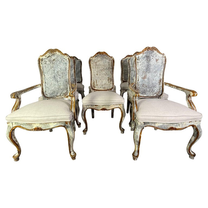 Set of 8 Distressed French Louis XV Style Dining Chairs with Cane Backs