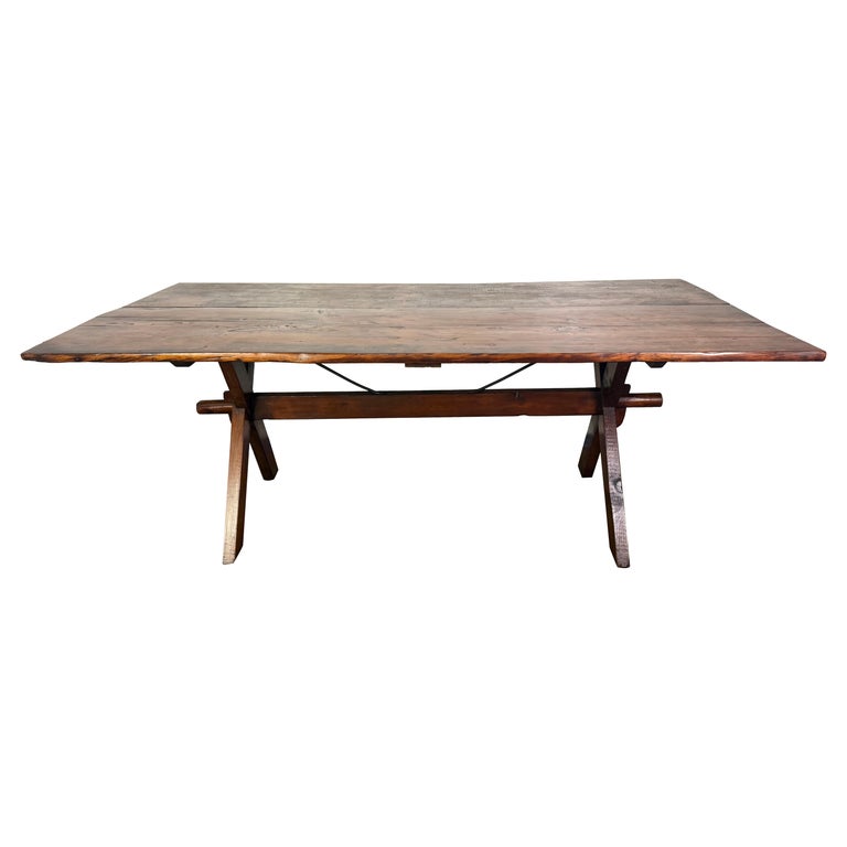 Rustic Trestle Dining Table with Handcrafted Plank Top, Mid-20th Century