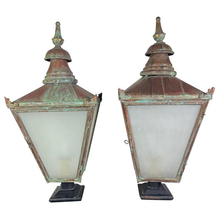 Pair of Monumental Antique Copper Street Lanterns with Verdigris Patina