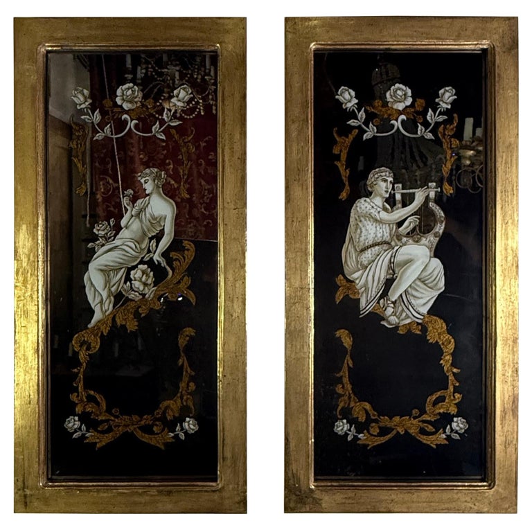 Pair of Reverse Painted Framed Mirror Panels