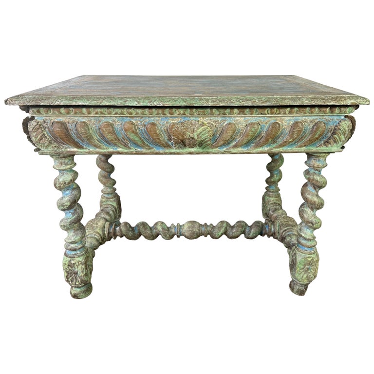 Antique Spanish Colonial Style Carved Writing Table with Drawer