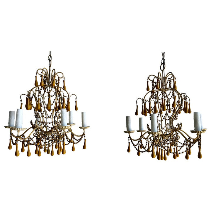 Pair of Italian Gilt Iron and Wood Beaded Chandeliers, Mid-20th Century