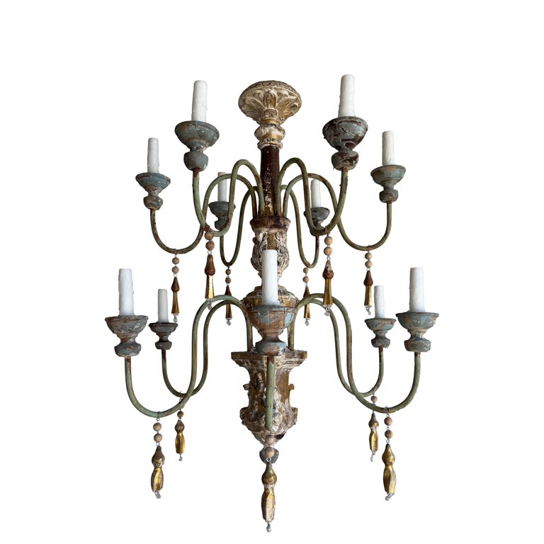 Grand Italian Painted and Giltwood Twelve-Light Chandelier