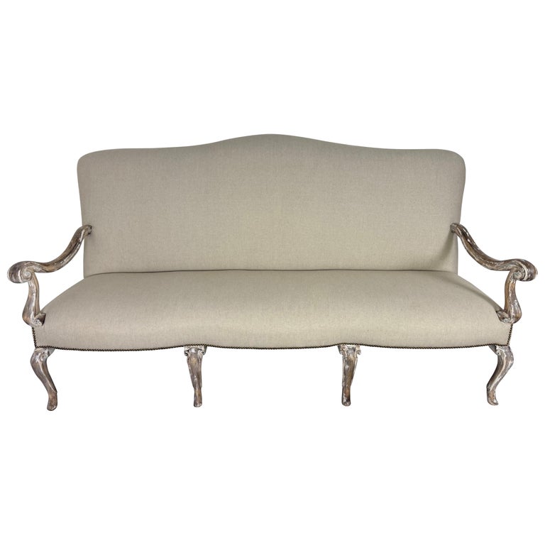 French Louis XV Style Painted Settee with New Linen Upholstery
