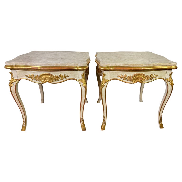 Pair of Giltwood & Painted Marble-Top Side Tables with Drawers