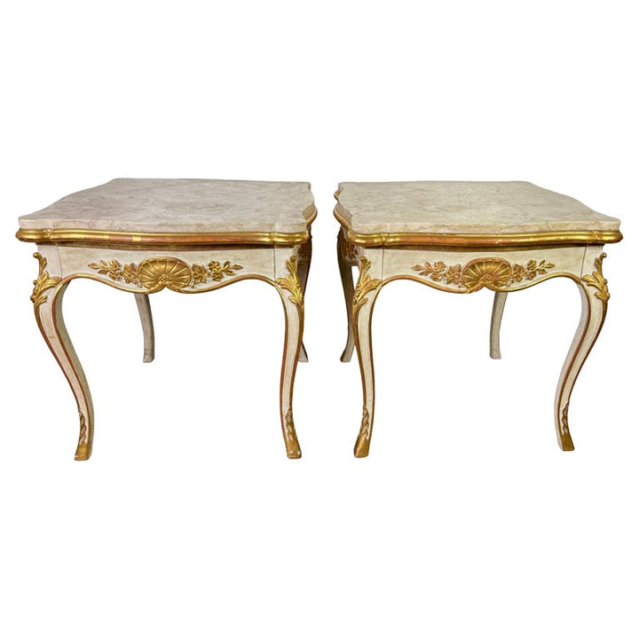 Pair of Giltwood & Painted Marble-Top Side Tables with Drawers