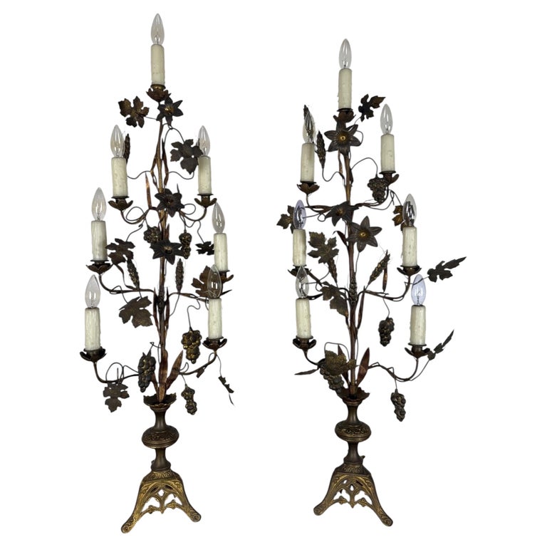 Pair of Gilded Brass Candelabra Lamps with Foliate & Grape Motifs