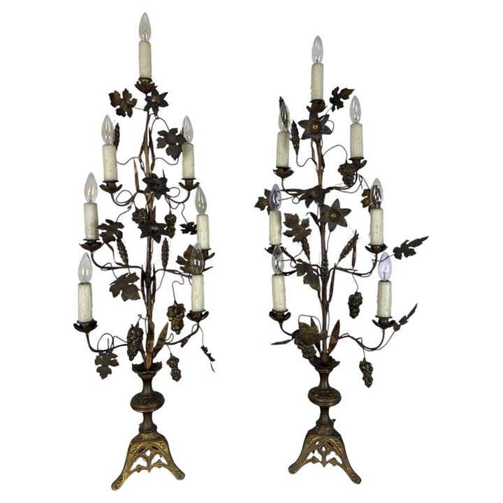 Pair of Gilded Brass Candelabra Lamps with Foliate & Grape Motifs
